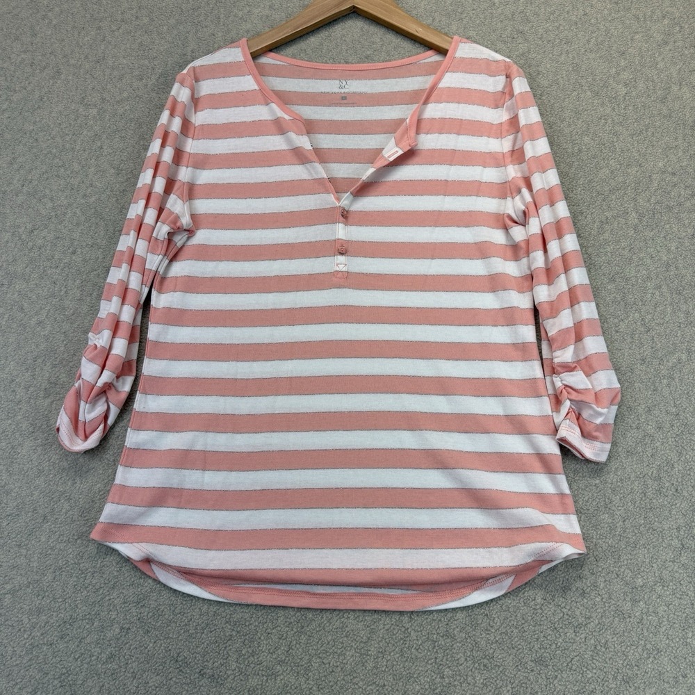 New York & Company Womens Henley Top Coral White Metallic Stripe Roll Tab M